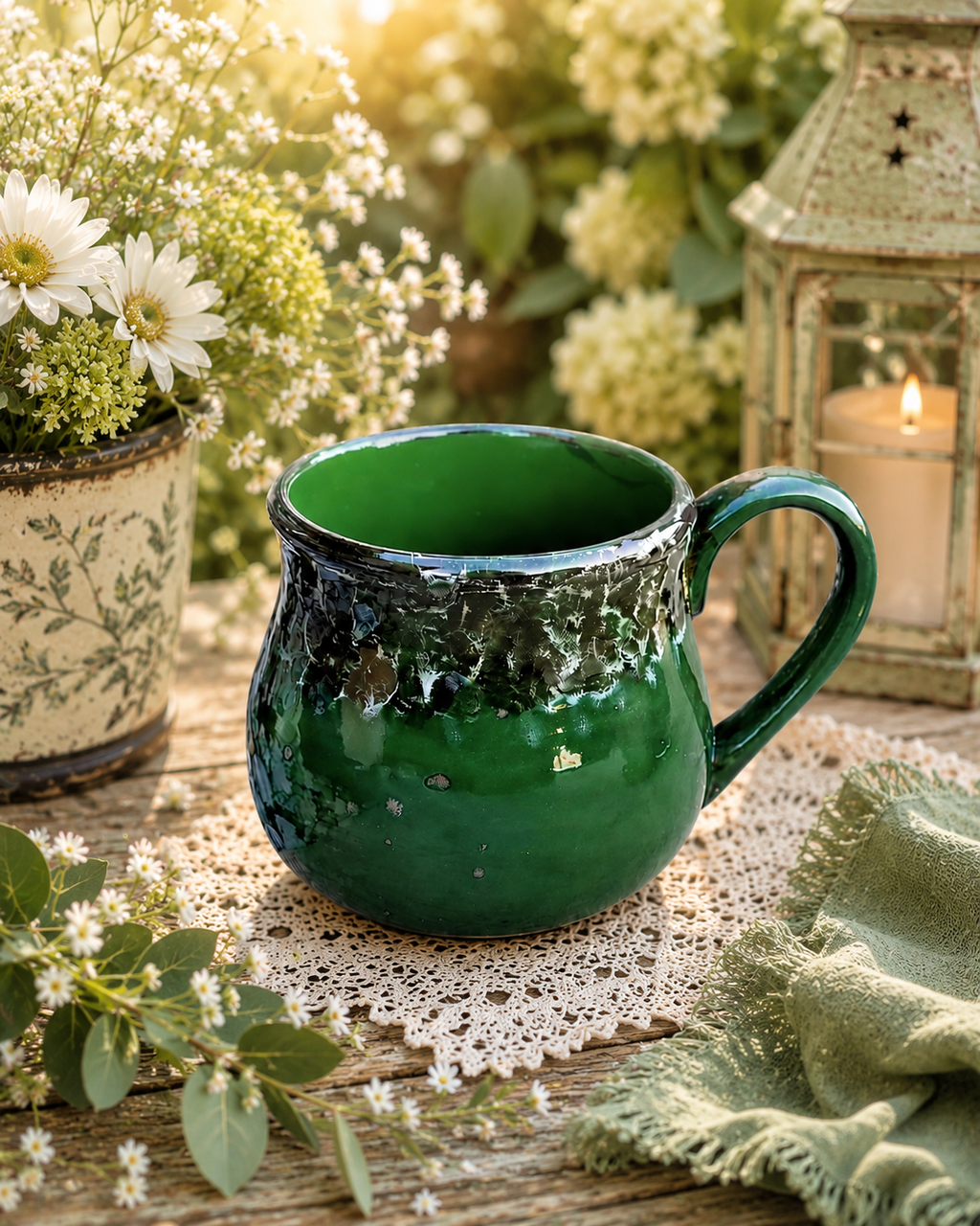 Large 24 oz Hand Glazed Ceramic Mug | Forest Green Pottery Coffee Mug | Oversized Tea Cup | Keeps Drinks Warmer Longer | Dishwasher & Microwave Safe