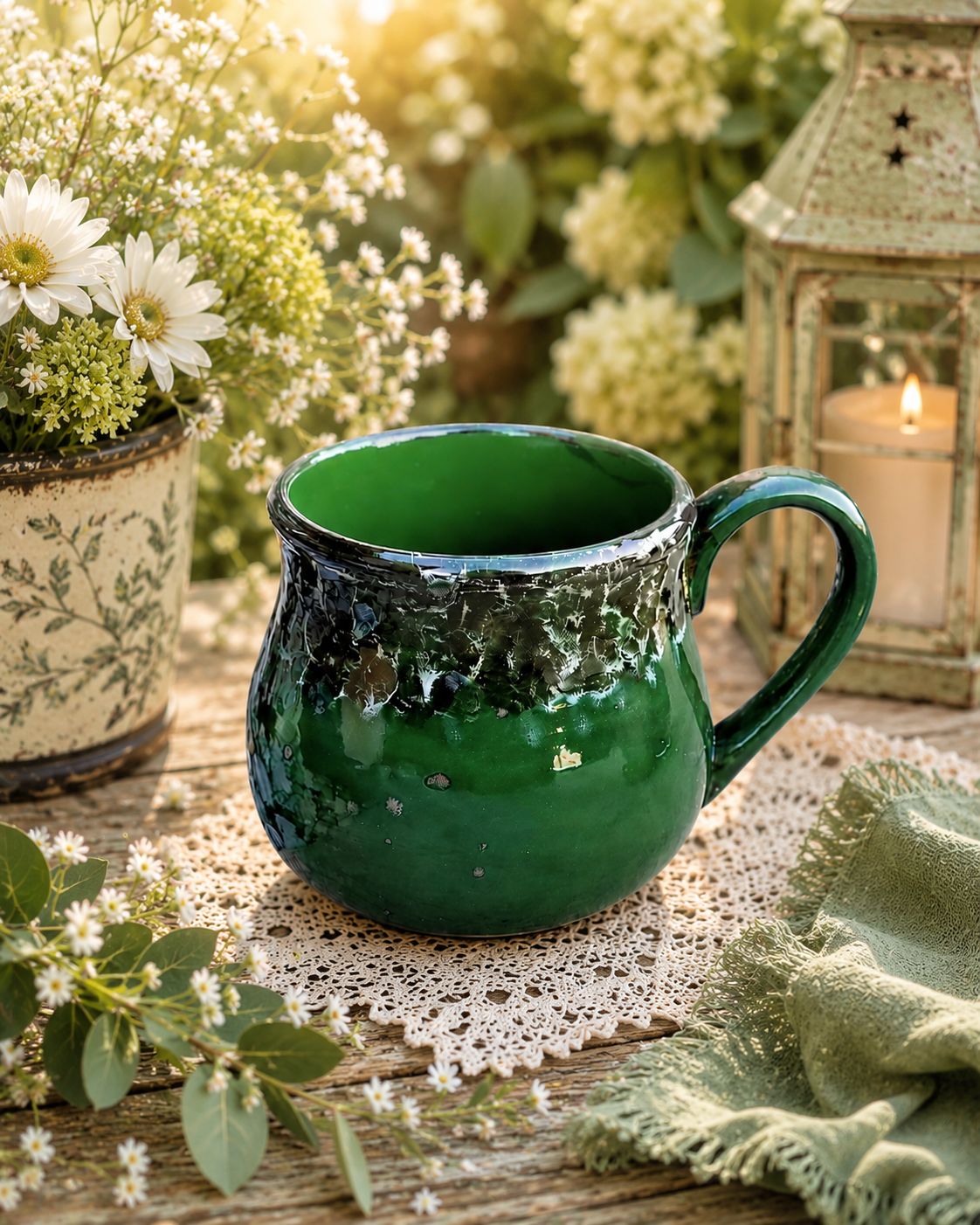 Large 24 oz Hand Glazed Ceramic Mug | Forest Green Pottery Coffee Mug | Oversized Tea Cup | Keeps Drinks Warmer Longer | Dishwasher & Microwave Safe