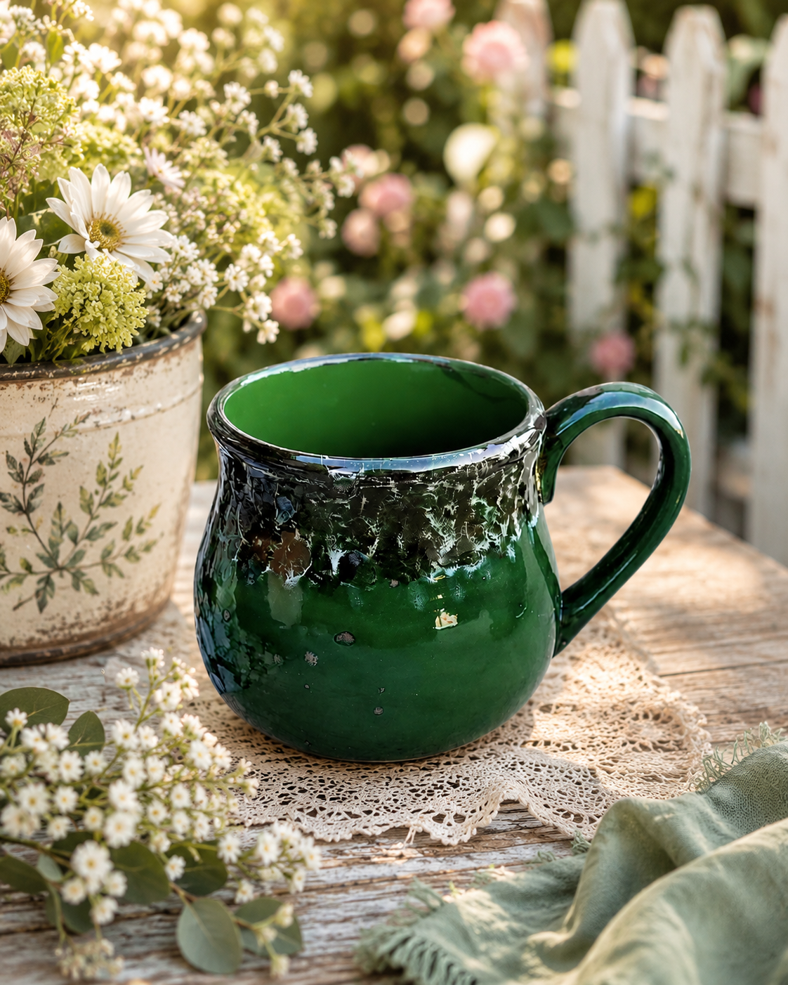 Large 24 oz Hand Glazed Ceramic Mug | Forest Green Pottery Coffee Mug | Oversized Tea Cup | Keeps Drinks Warmer Longer | Dishwasher & Microwave Safe