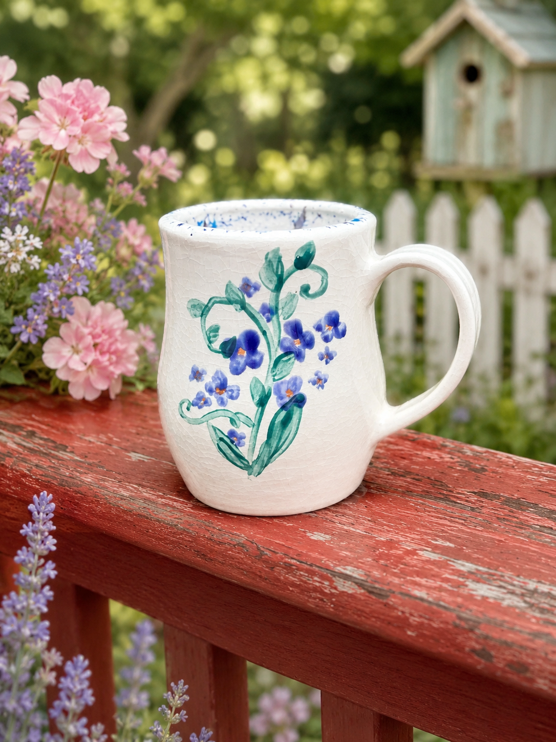 Hand Painted Blue Wildflower Stoneware Mug – 16 oz Handmade Pottery Coffee Cup – Cottage Garden Mug – Dishwasher & Microwave Safe