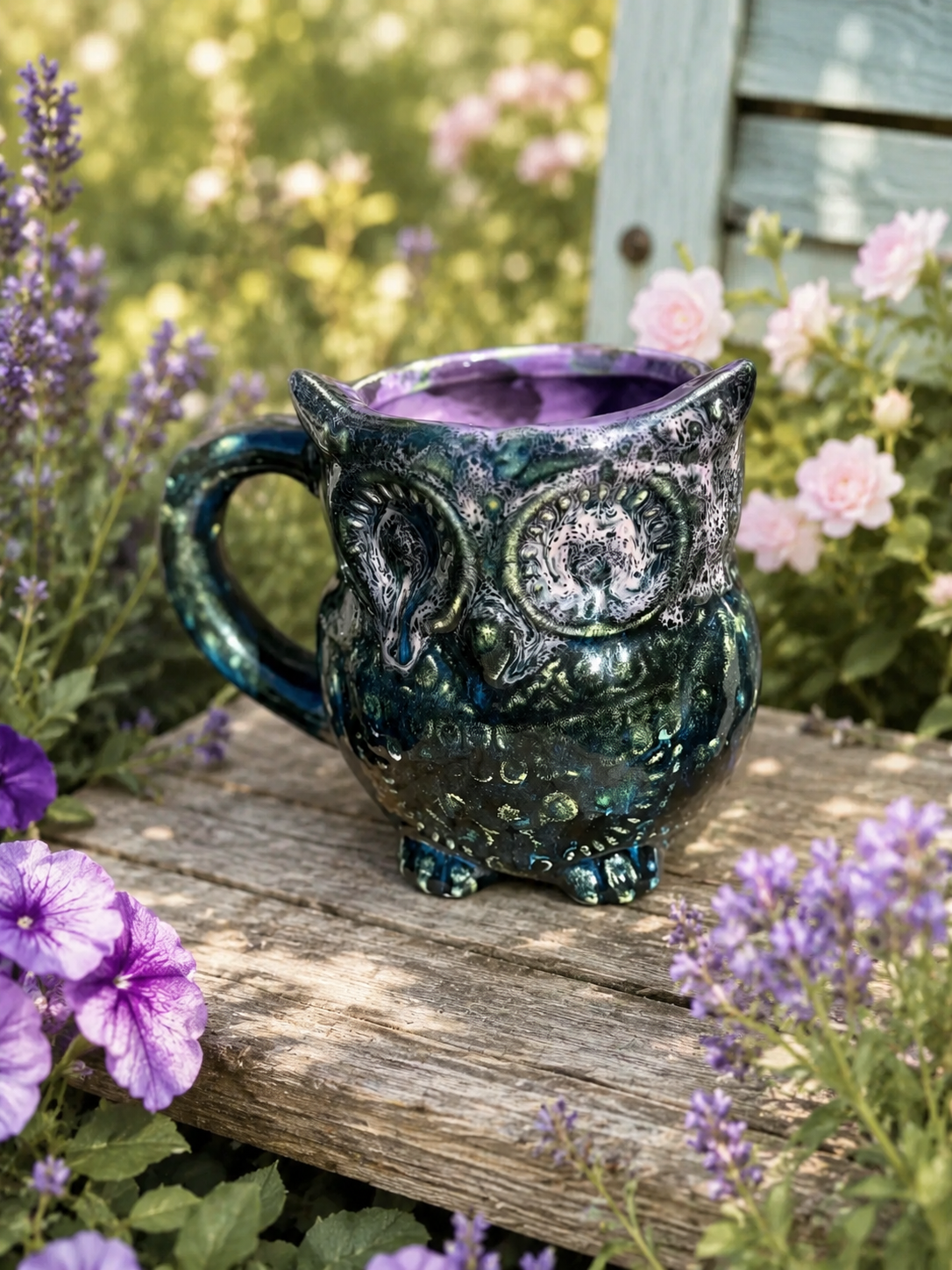Moonlit Owl Ceramic Mug – 16 oz Hand Glazed Coffee Mug – Purple Interior – Artisan Owl Cup – One of a Kind Pottery Gift