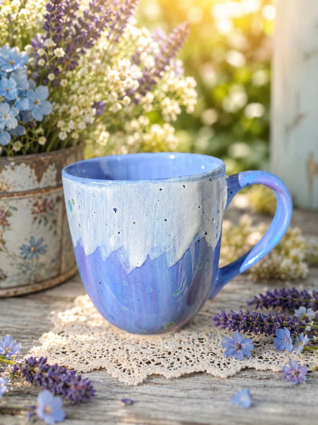 Large 24 oz Hand Glazed Ceramic Mug | Blue & White Pottery Coffee Mug | Microwave and Dishwasher Safe