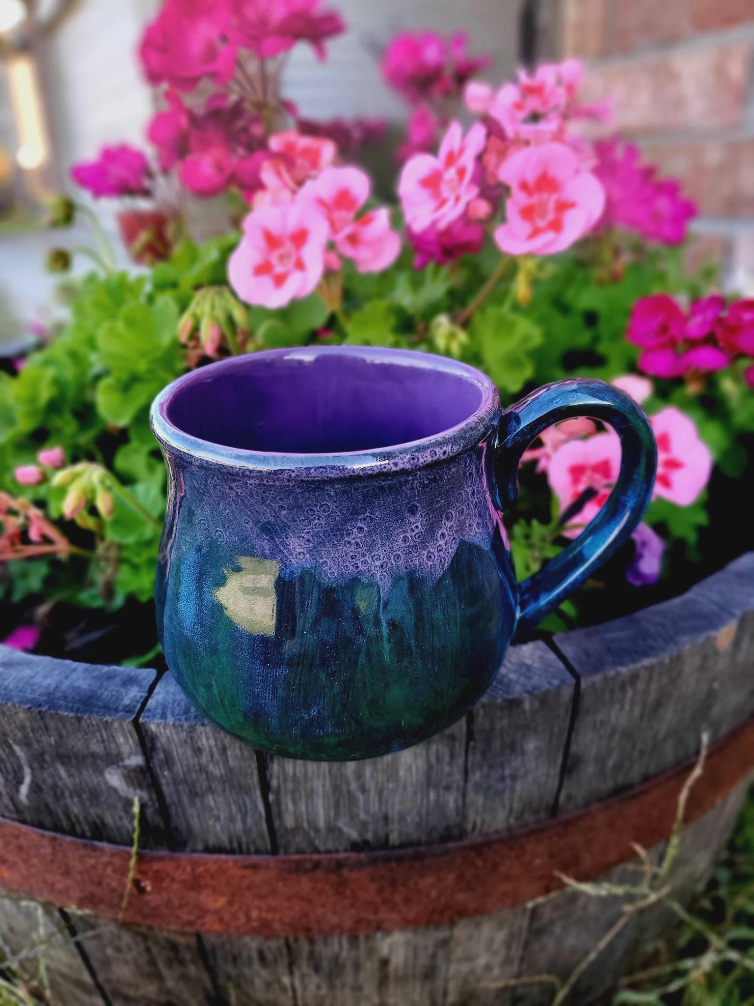 Hand Glazed Ceramic Jumbo Mug: 24 Oz Peacock Purple Pottery Soup Mug