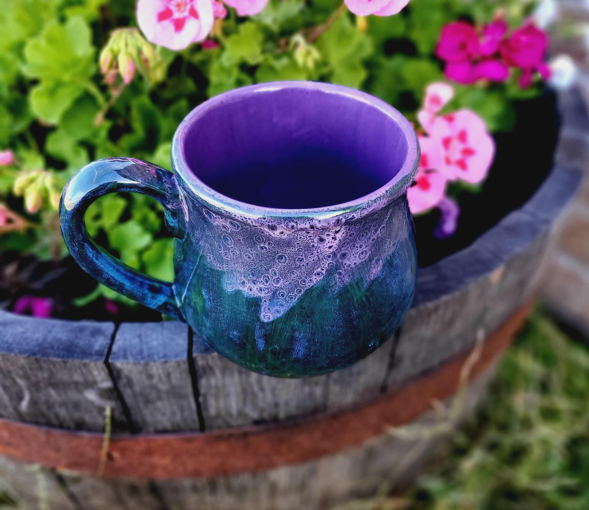 Hand Glazed Ceramic Jumbo Mug: 24 Oz Peacock Purple Pottery Soup Mug