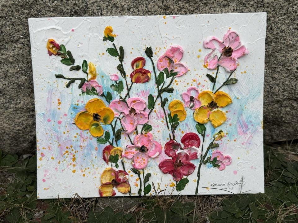 Textured Floral Acrylic Painting  Impasto Palette Knife 3D Wall Art