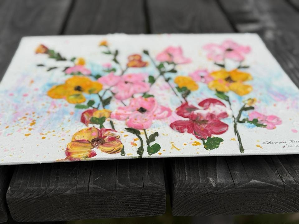 Textured Floral Acrylic Painting  Impasto Palette Knife 3D Wall Art