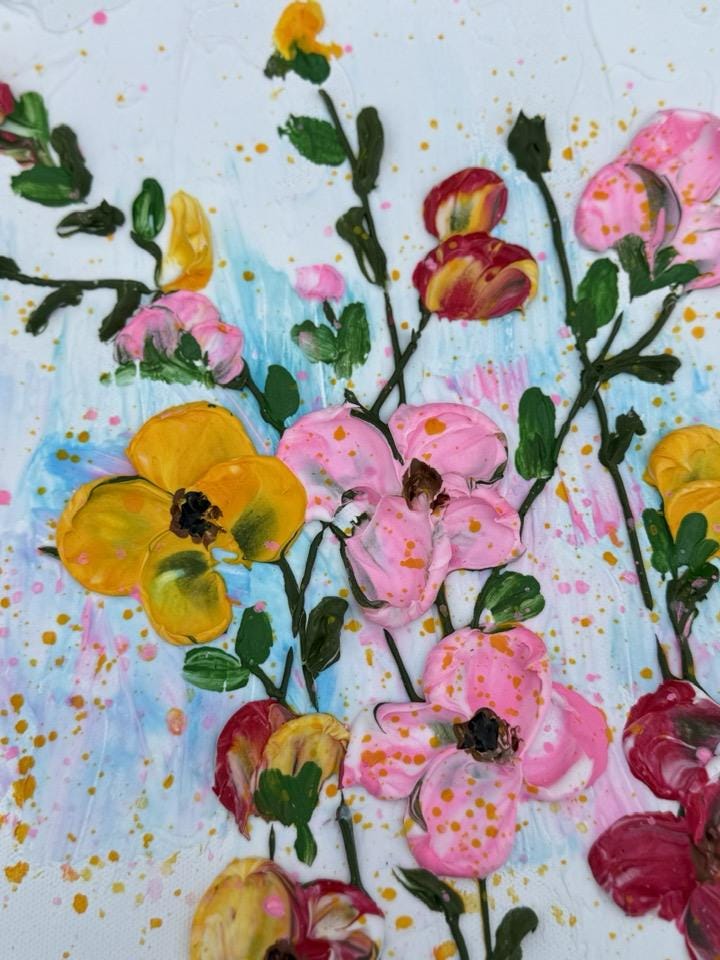 Textured Floral Acrylic Painting  Impasto Palette Knife 3D Wall Art