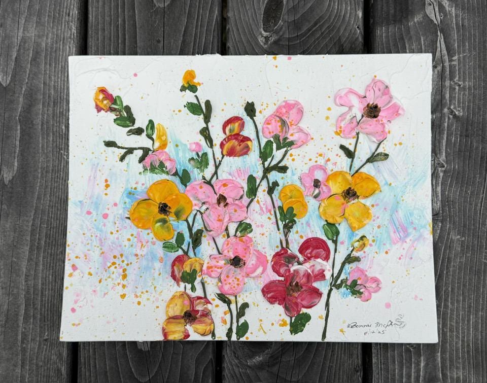Textured Floral Acrylic Painting  Impasto Palette Knife 3D Wall Art