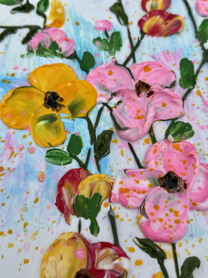 Textured Floral Acrylic Painting  Impasto Palette Knife 3D Wall Art