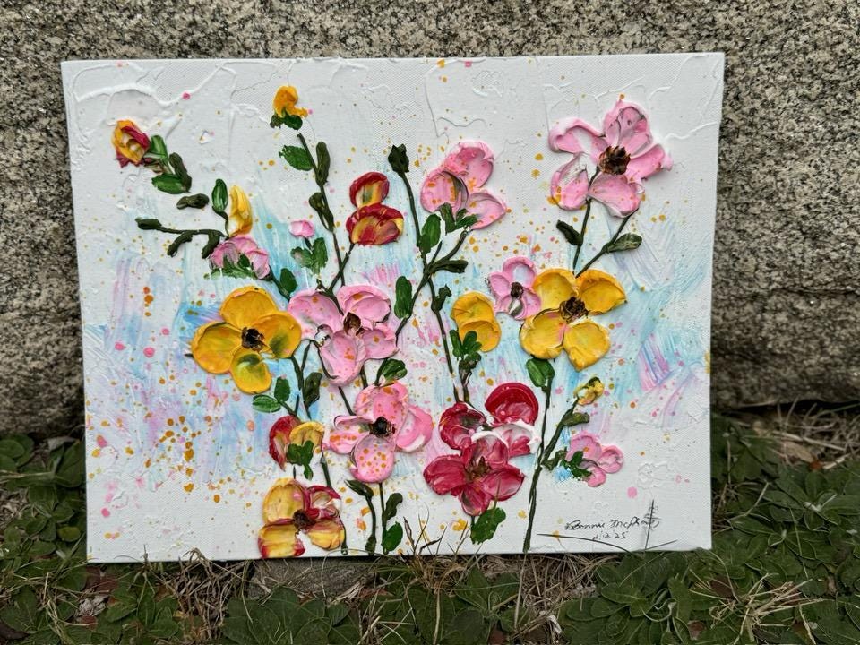 Textured Floral Acrylic Painting  Impasto Palette Knife 3D Wall Art