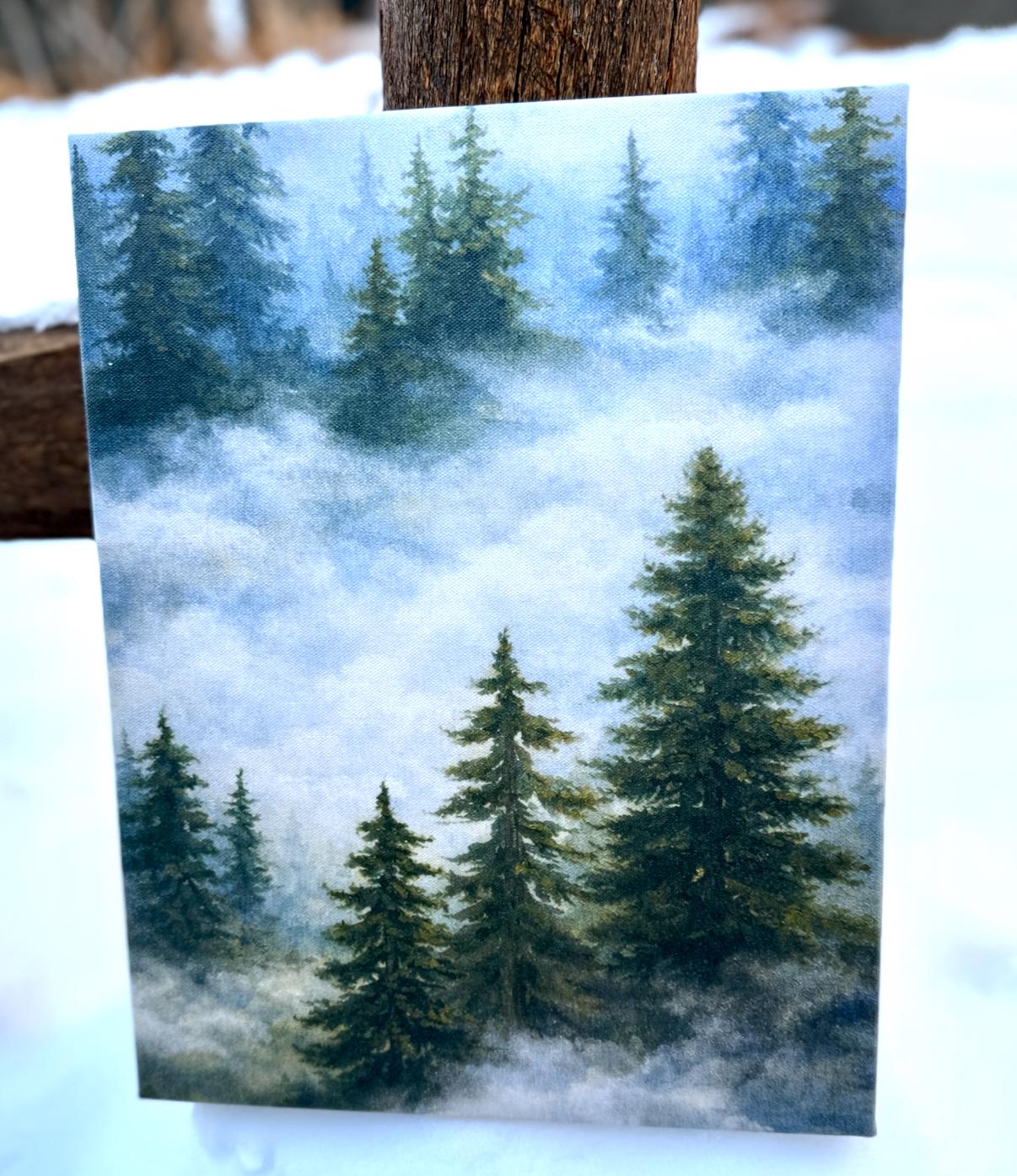 Original Watercolor Digitally Enhanced Watercolor on 11 x 14 Canvas Pines in the Mist