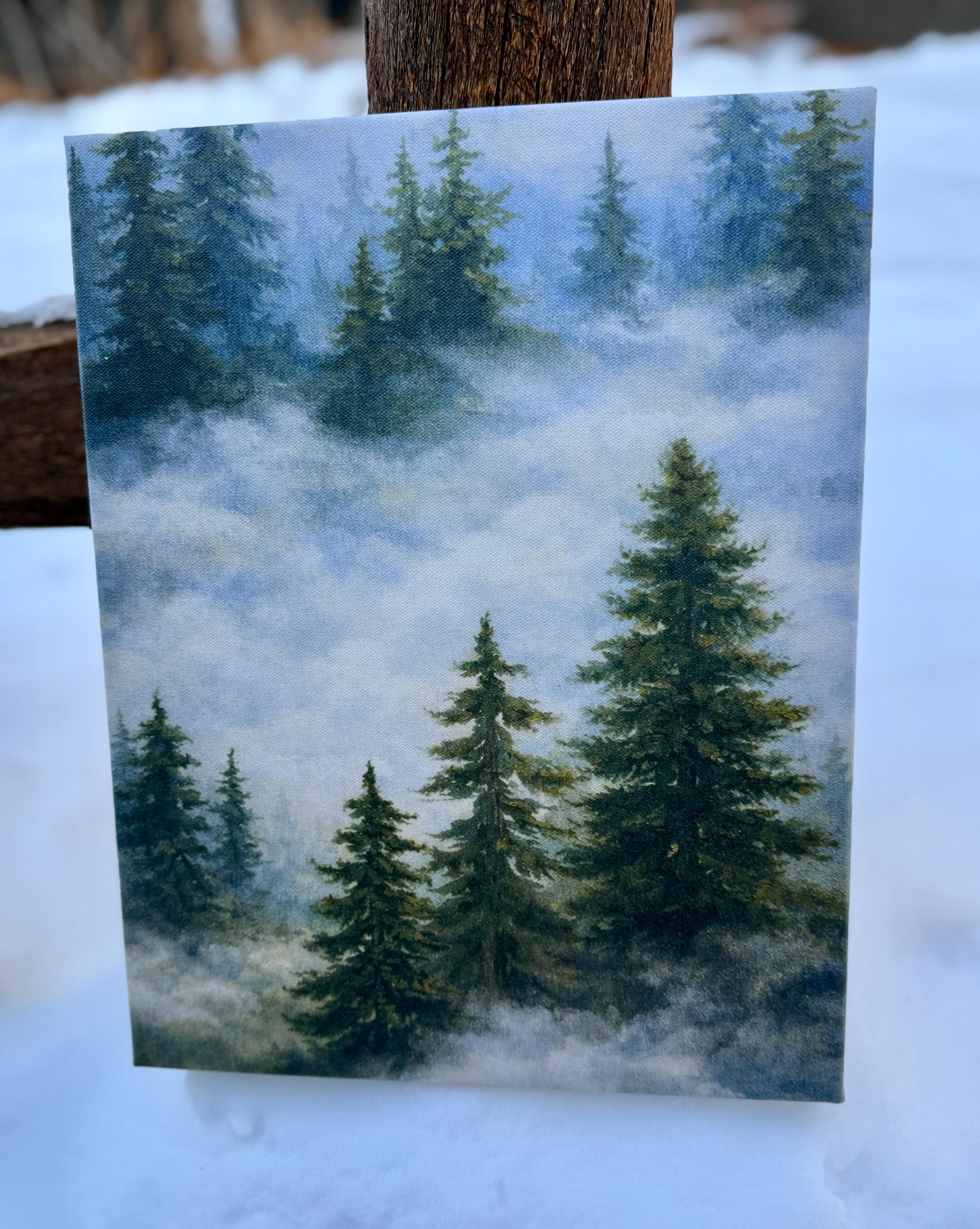 Original Watercolor Digitally Enhanced Watercolor on 11 x 14 Canvas Pines in the Mist
