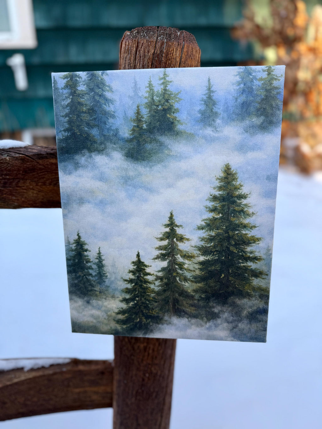 Original Watercolor Digitally Enhanced Watercolor on 11 x 14 Canvas Pines in the Mist