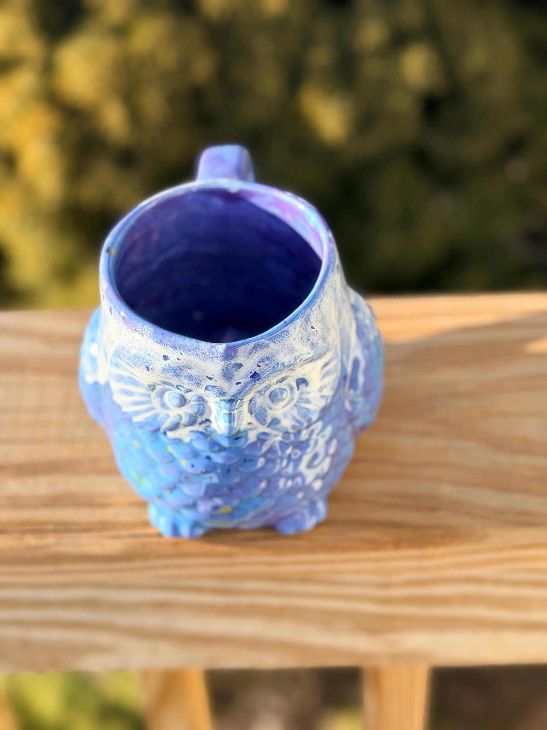 Hand Glazed Ceramic Owl Mug: Blue Caprice, 20 Oz Soup Mug