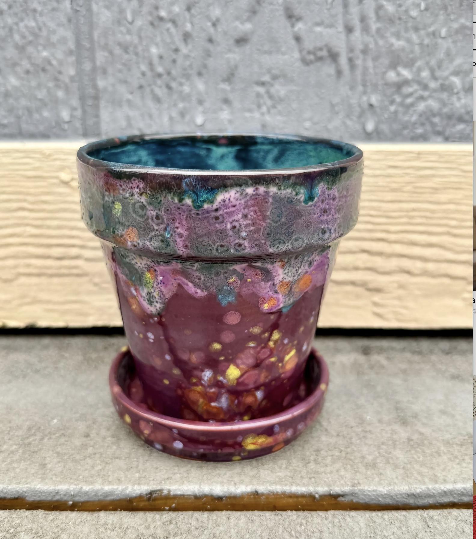 Hand Glazed Terra Cotta Plant Pot with Saucer: Floral Fantasy, 4 inch