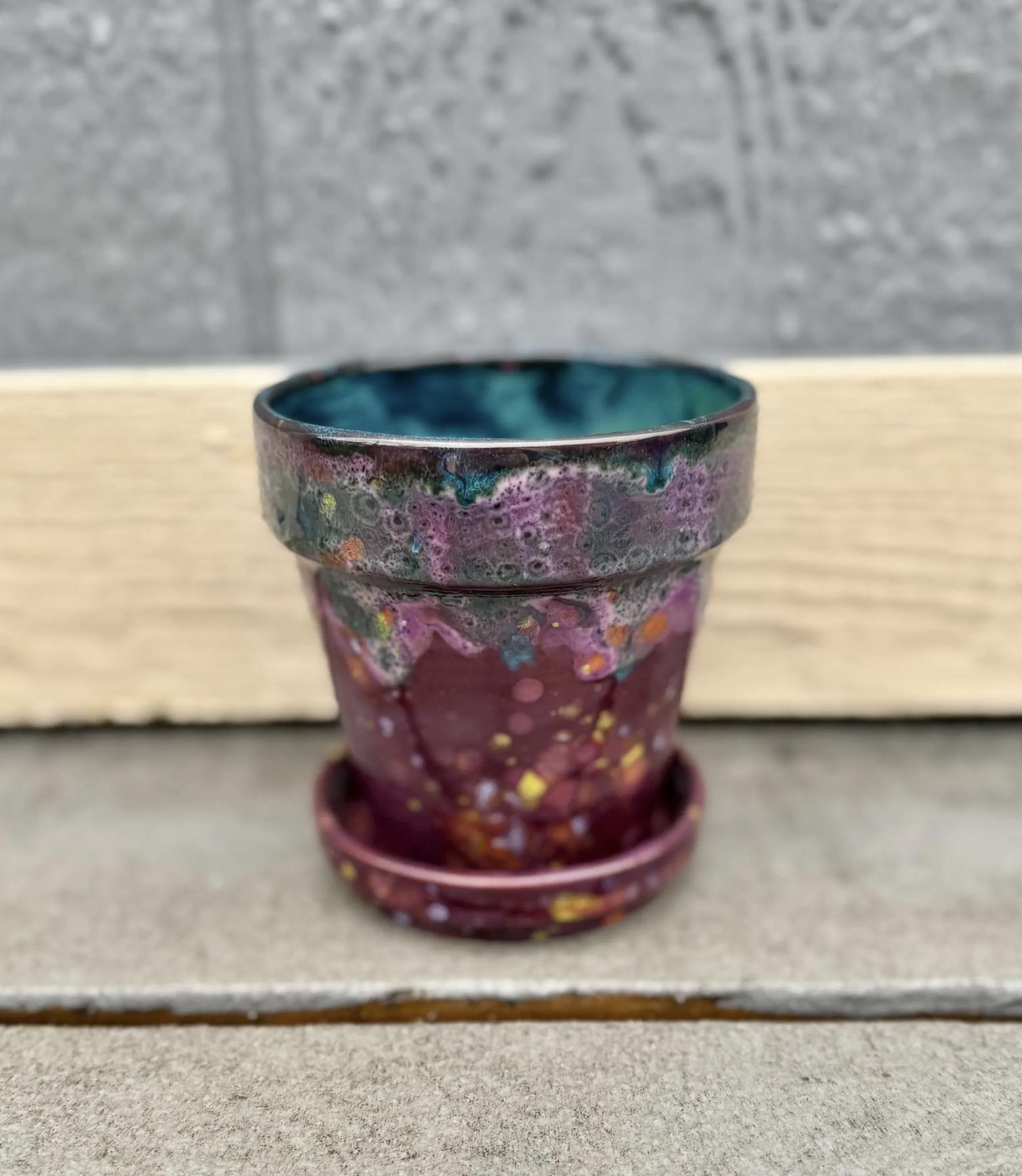 Hand Glazed Terra Cotta Plant Pot with Saucer: Floral Fantasy, 4 inch