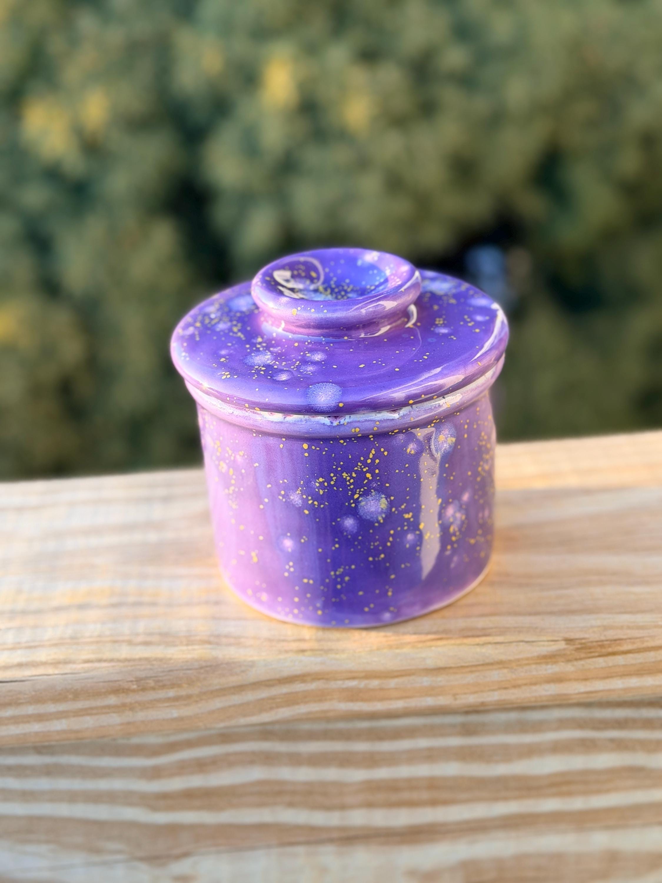 Hand Glazed French Butter Crock: Periwinkle Sky Frosted Berries