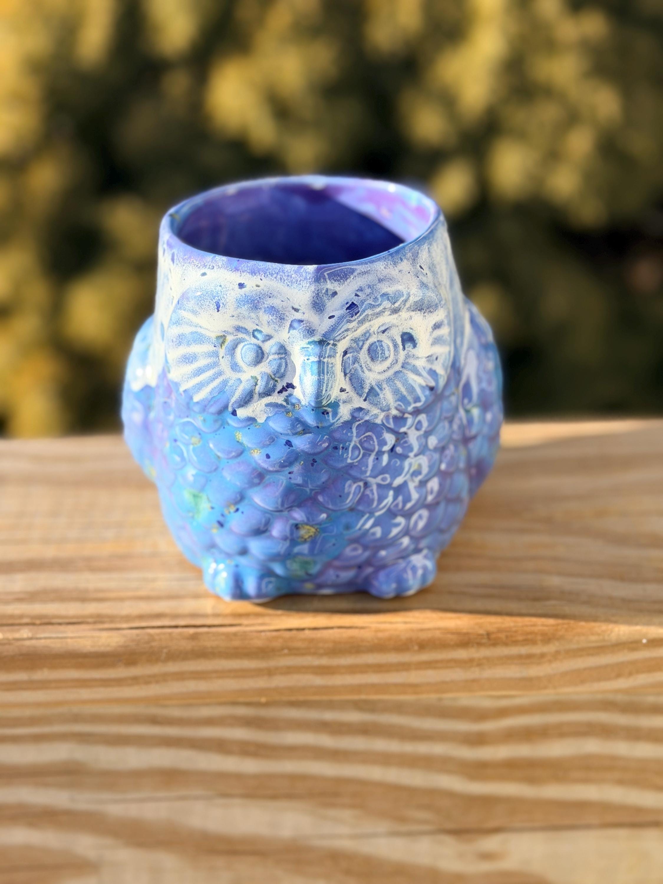 Hand Glazed Ceramic Owl Mug: Blue Caprice, 20 Oz Soup Mug