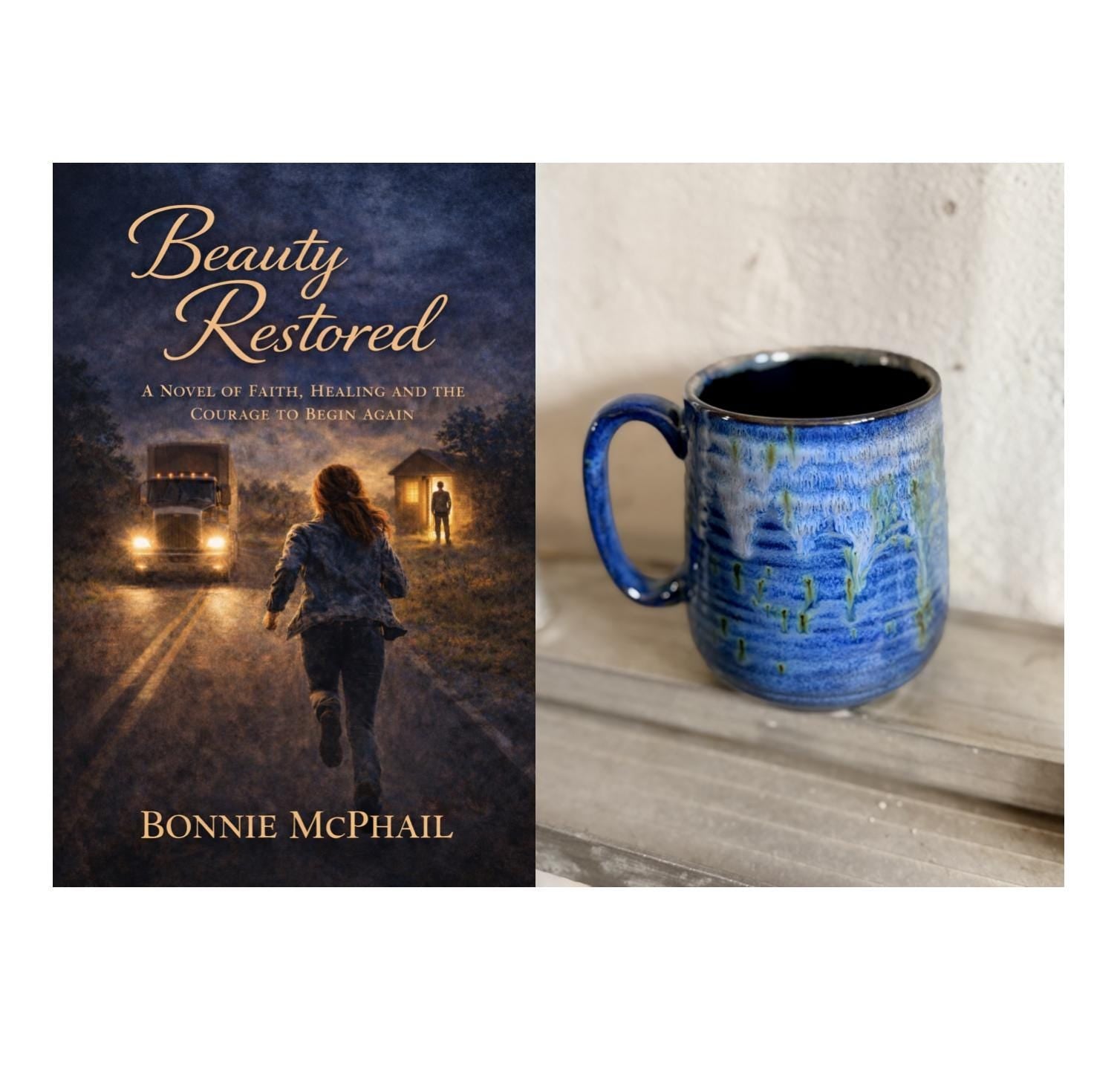 Hand Glazed Stoneware Mug with Beauty Restored Christian Romance Novel
