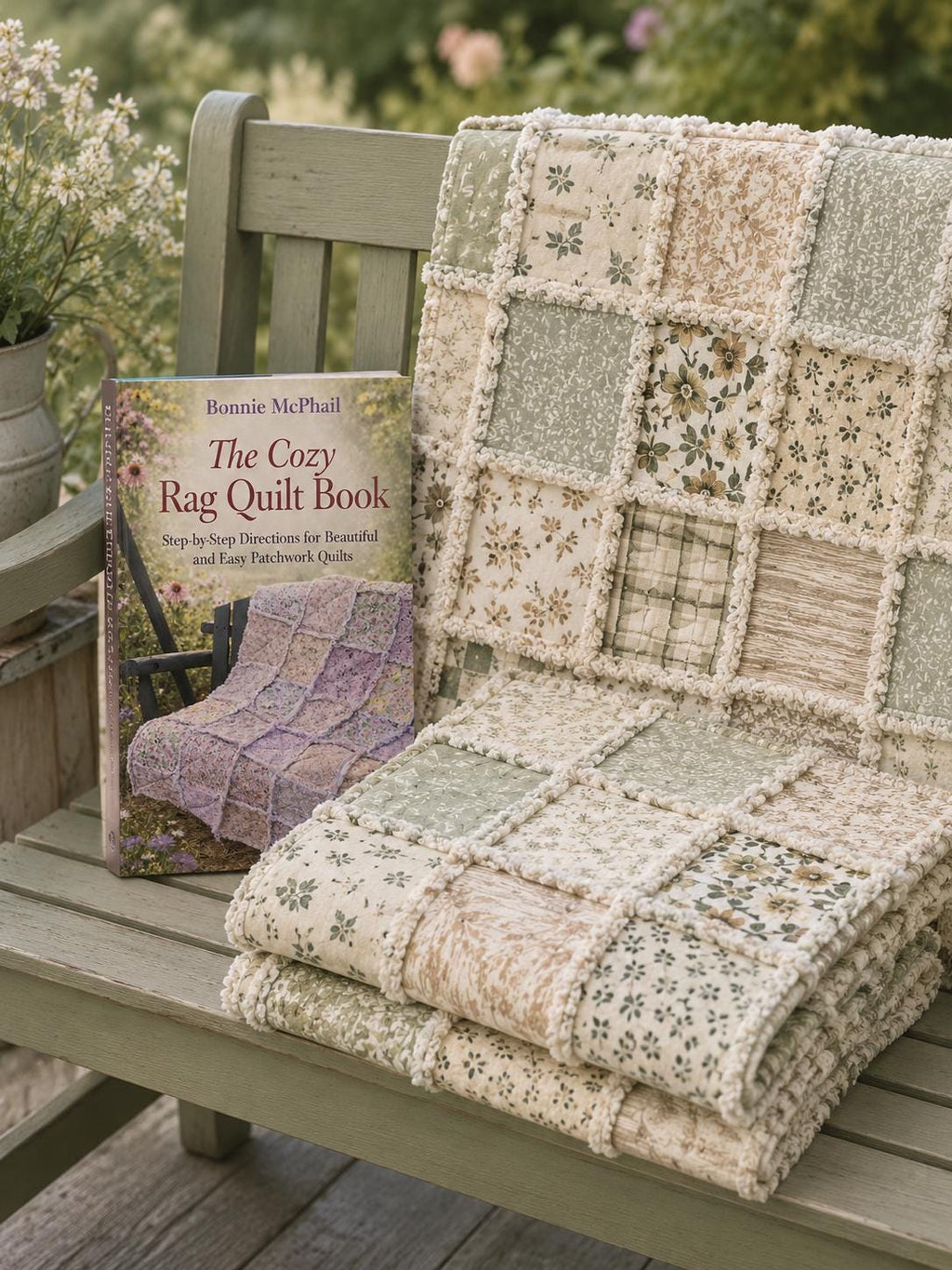 Beginner Rag Quilt Kit | Cozy Cottage Sage Green Quilt Kit with Book | Precut Fabric Sewing Kit | Farmhouse DIY Quilt | 56x56 Quilt Kit