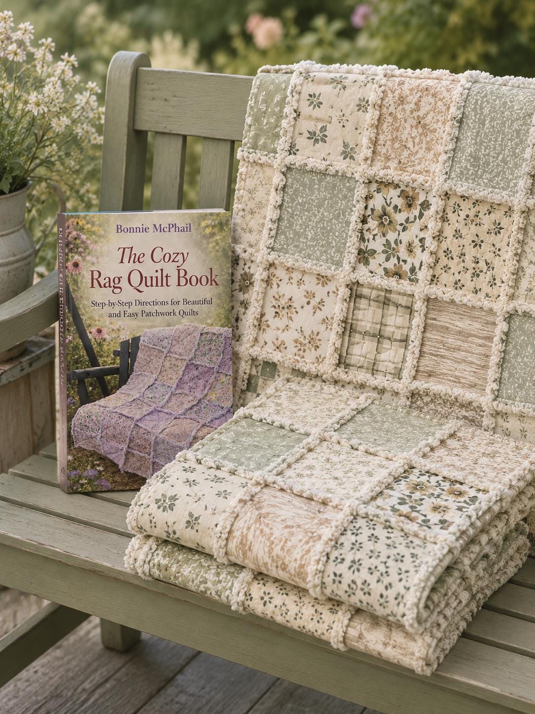 Beginner Rag Quilt Kit | Cozy Cottage Sage Green Quilt Kit with Book | Precut Fabric Sewing Kit | Farmhouse DIY Quilt | 56x56 Quilt Kit