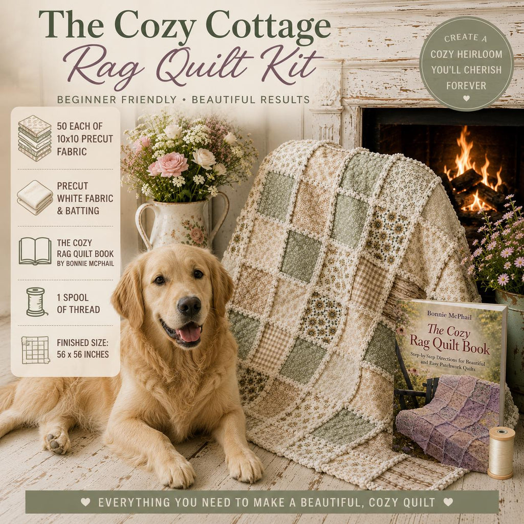 Beginner Rag Quilt Kit | Cozy Cottage Sage Green Quilt Kit with Book | Precut Fabric Sewing Kit | Farmhouse DIY Quilt | 56x56 Quilt Kit