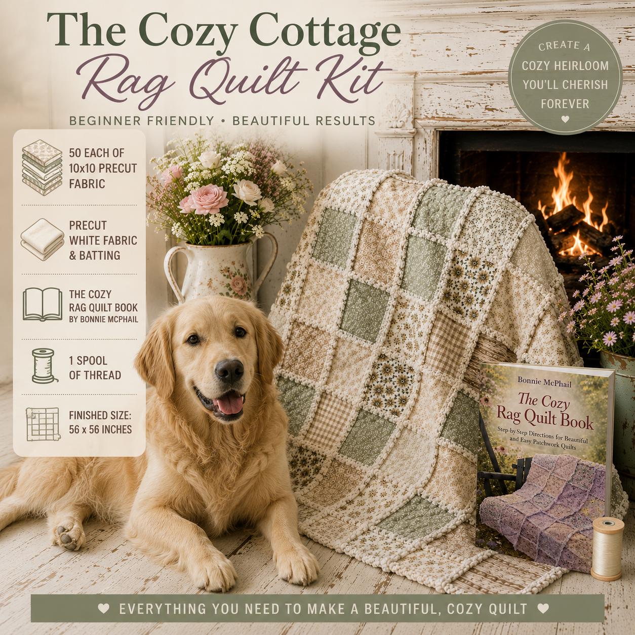 Beginner Rag Quilt Kit | Cozy Cottage Sage Green Quilt Kit with Book | Precut Fabric Sewing Kit | Farmhouse DIY Quilt | 56x56 Quilt Kit
