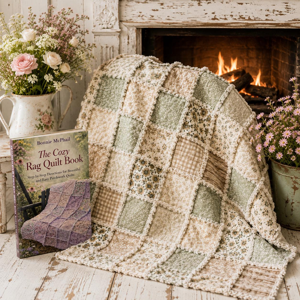 Beginner Rag Quilt Kit | Cozy Cottage Sage Green Quilt Kit with Book | Precut Fabric Sewing Kit | Farmhouse DIY Quilt | 56x56 Quilt Kit