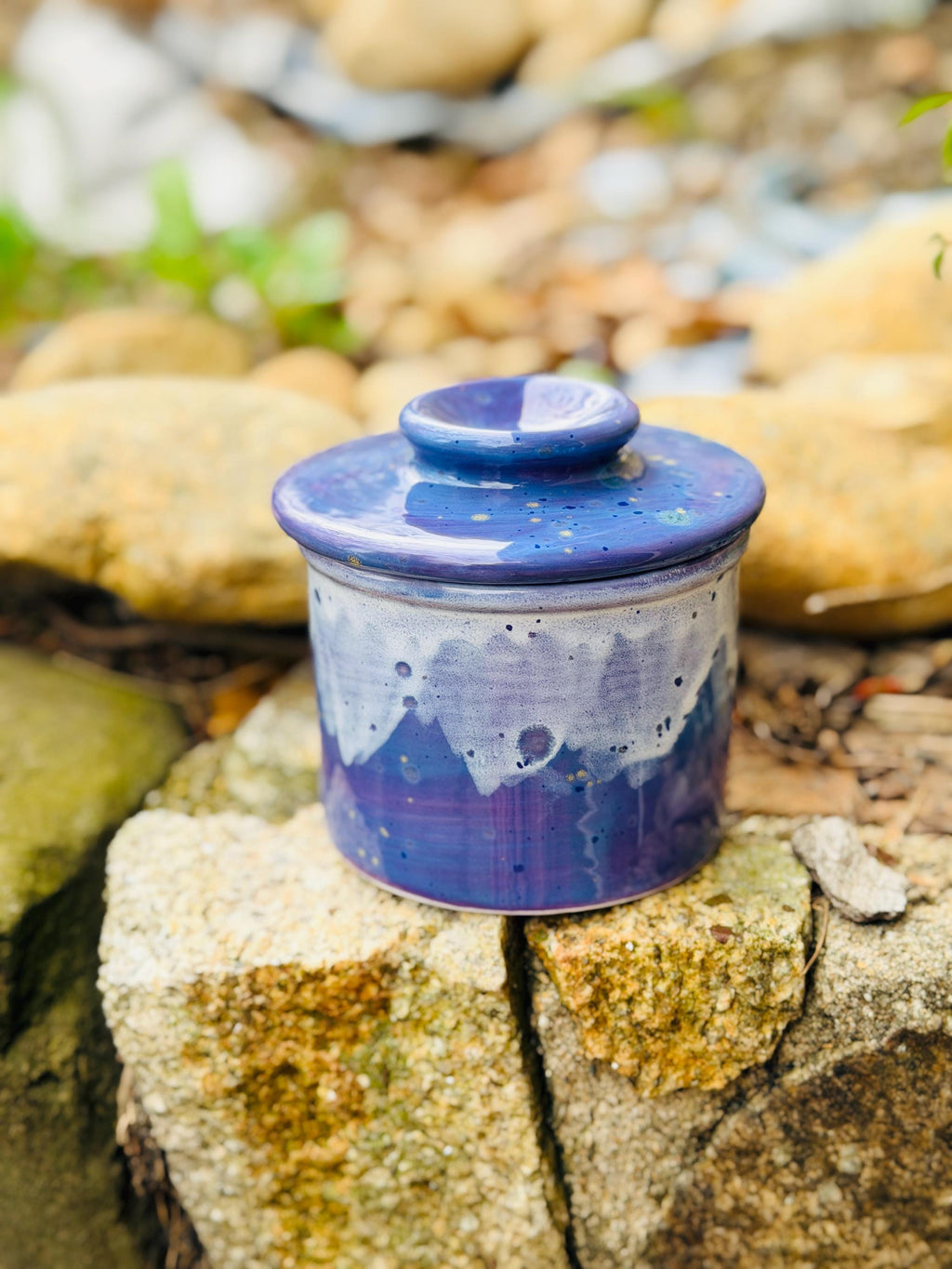 Blue Caprice Wisteria Purple French Butter Crock: Hand Glazed Ceramic Butter Keeper