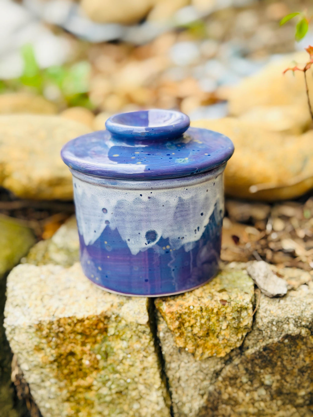 Blue Caprice Wisteria Purple French Butter Crock: Hand Glazed Ceramic Butter Keeper