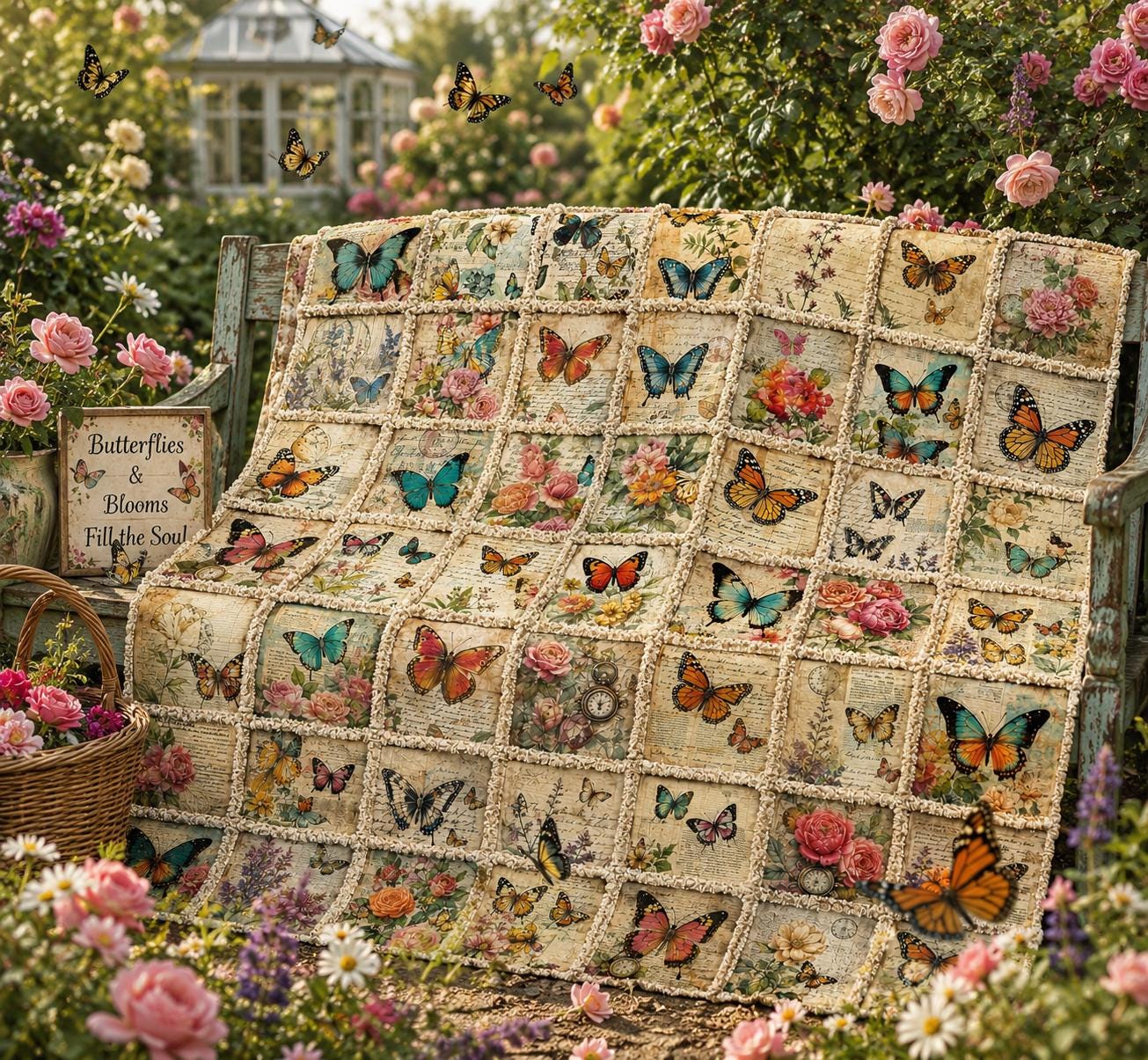 Butterfly Garden Rag Quilt Kit | Beginner Sewing Kit with Book | Cottagecore Quilt Kit | DIY Rag Quilt | Butterfly Floral Quilt | 56x56