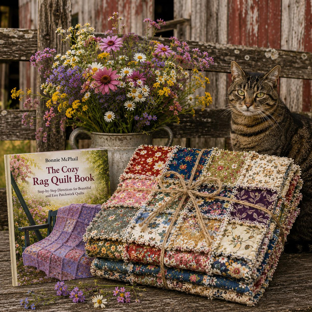 Beginner Rag Quilt Kit Vintage Farmhouse | No Cutting Quilt Kit with Book | Pre Cut Fabric Quilt Kit | DIY Cozy Quilt Kit | 56x56 Quilt