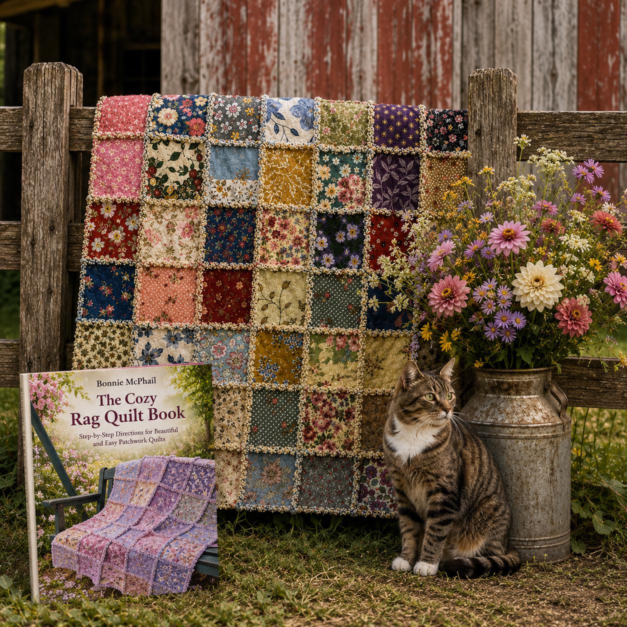 Beginner Rag Quilt Kit Vintage Farmhouse | No Cutting Quilt Kit with Book | Pre Cut Fabric Quilt Kit | DIY Cozy Quilt Kit | 56x56 Quilt