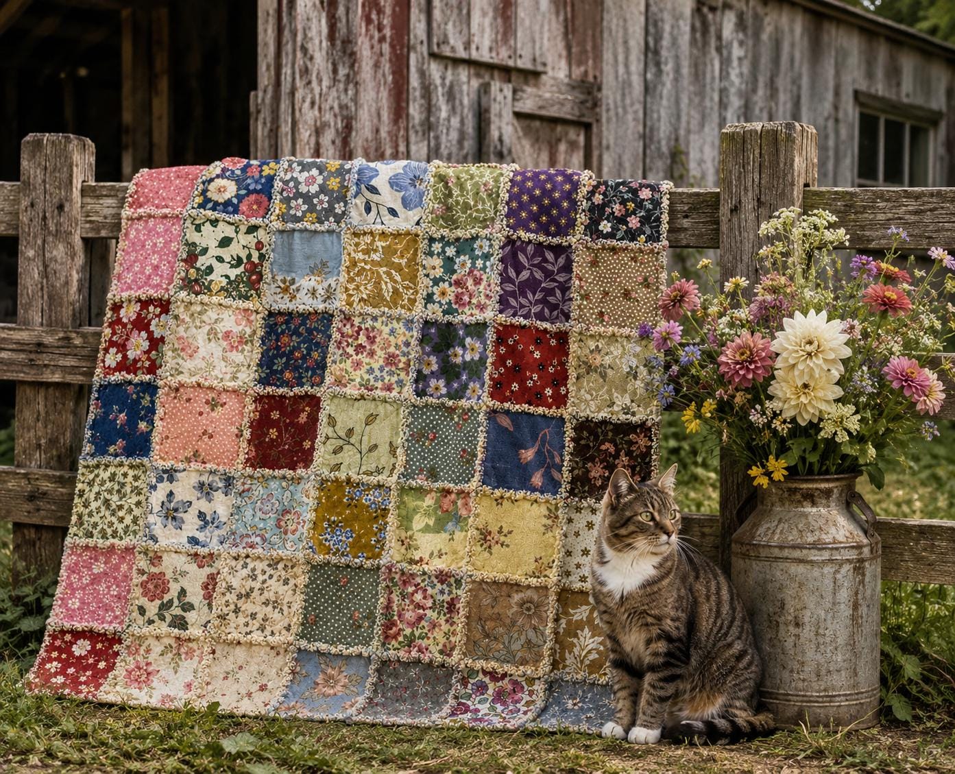 Beginner Rag Quilt Kit Vintage Farmhouse | No Cutting Quilt Kit with Book | Pre Cut Fabric Quilt Kit | DIY Cozy Quilt Kit | 56x56 Quilt
