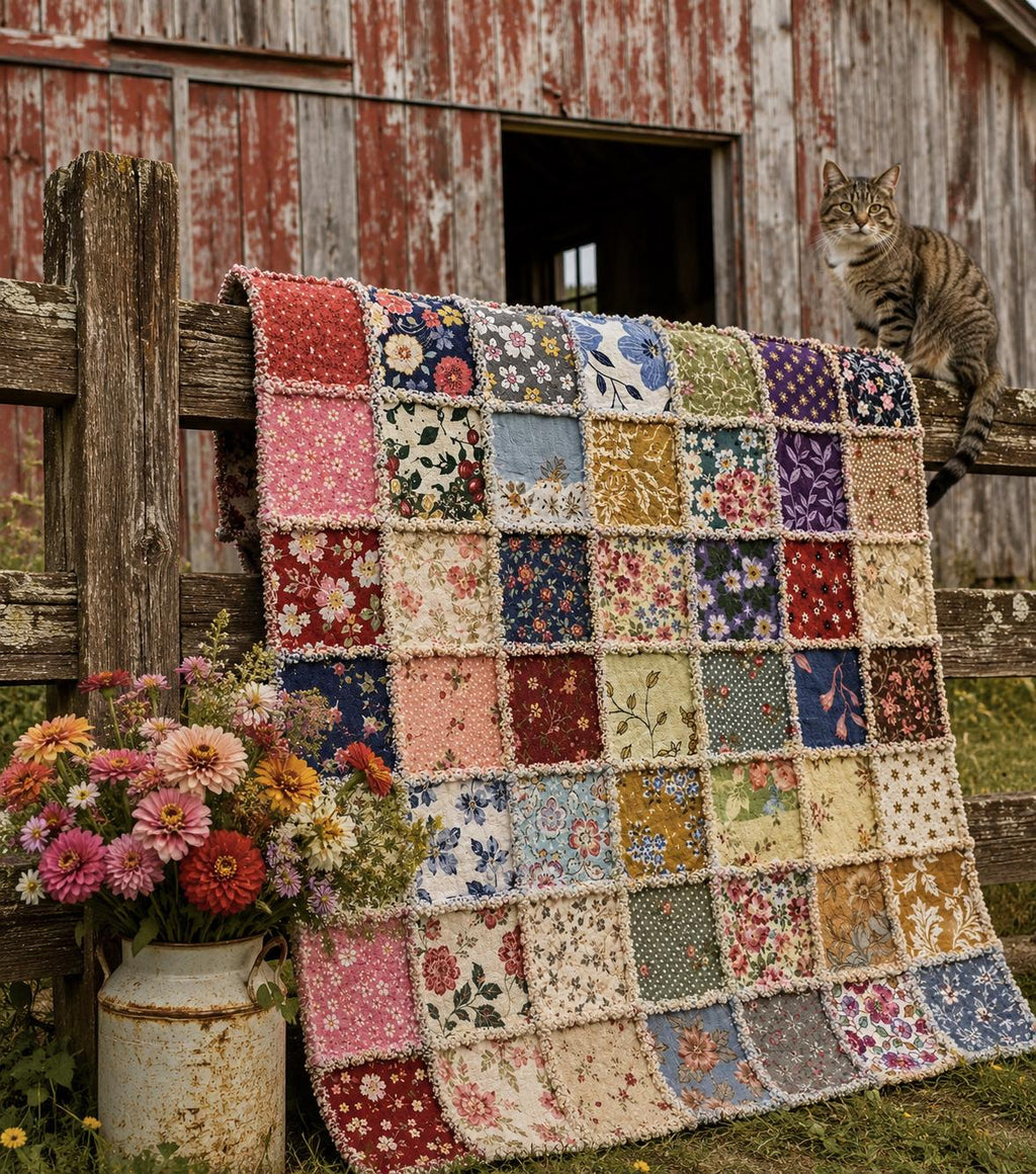Beginner Rag Quilt Kit Vintage Farmhouse | No Cutting Quilt Kit with Book | Pre Cut Fabric Quilt Kit | DIY Cozy Quilt Kit | 56x56 Quilt