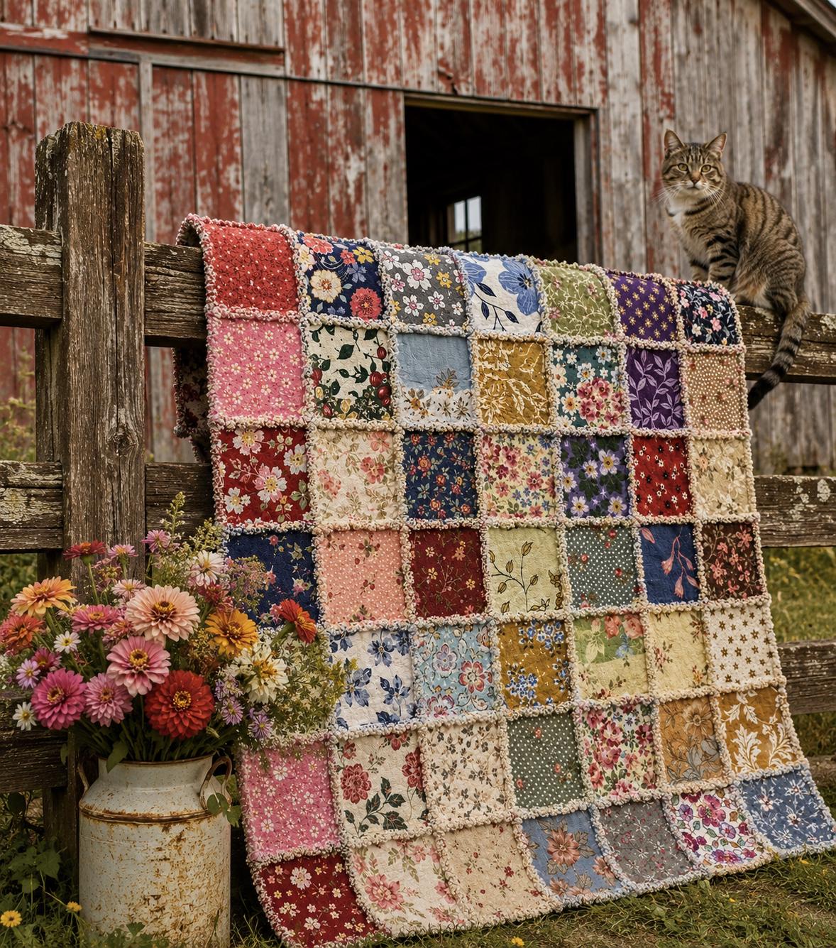 Beginner Rag Quilt Kit Vintage Farmhouse | No Cutting Quilt Kit with Book | Pre Cut Fabric Quilt Kit | DIY Cozy Quilt Kit | 56x56 Quilt