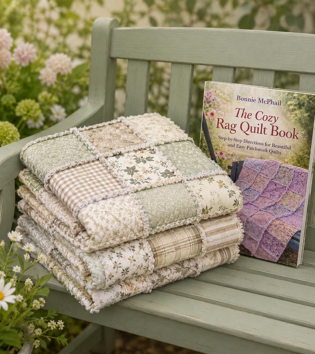 Beginner Rag Quilt Kit | Cozy Cottage Sage Green Quilt Kit with Book | Precut Fabric Sewing Kit | Farmhouse DIY Quilt | 56x56 Quilt Kit