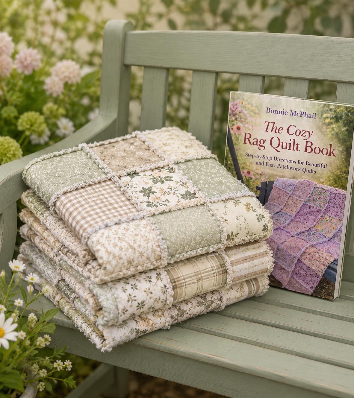 Beginner Rag Quilt Kit | Cozy Cottage Sage Green Quilt Kit with Book | Precut Fabric Sewing Kit | Farmhouse DIY Quilt | 56x56 Quilt Kit
