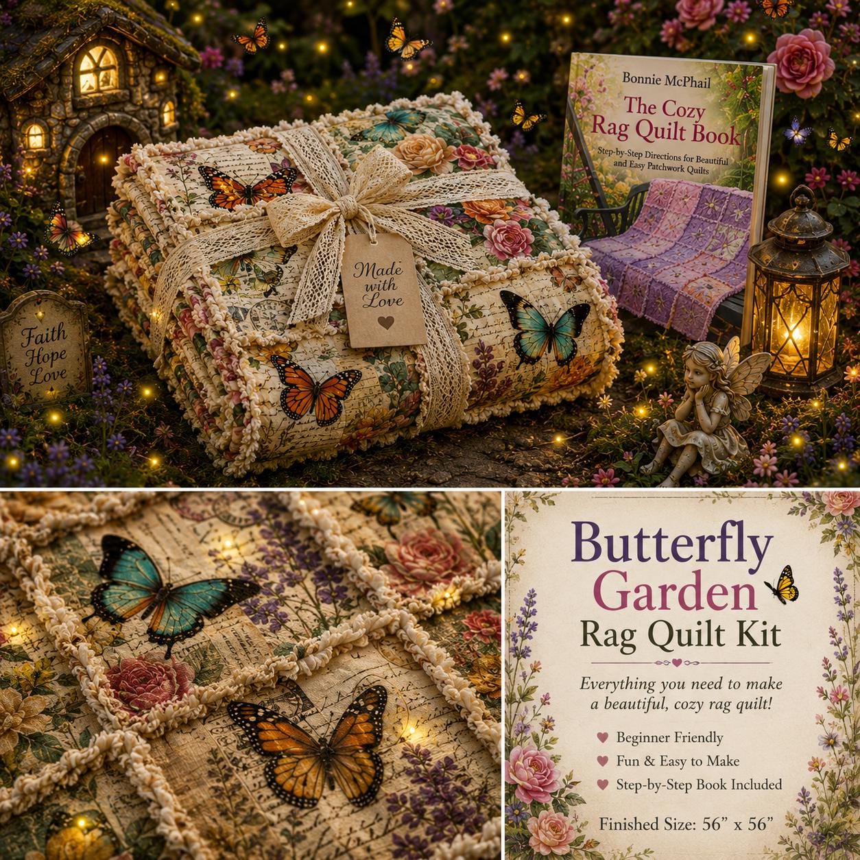 Butterfly Garden Rag Quilt Kit | Beginner Sewing Kit with Book | Cottagecore Quilt Kit | DIY Rag Quilt | Butterfly Floral Quilt | 56x56