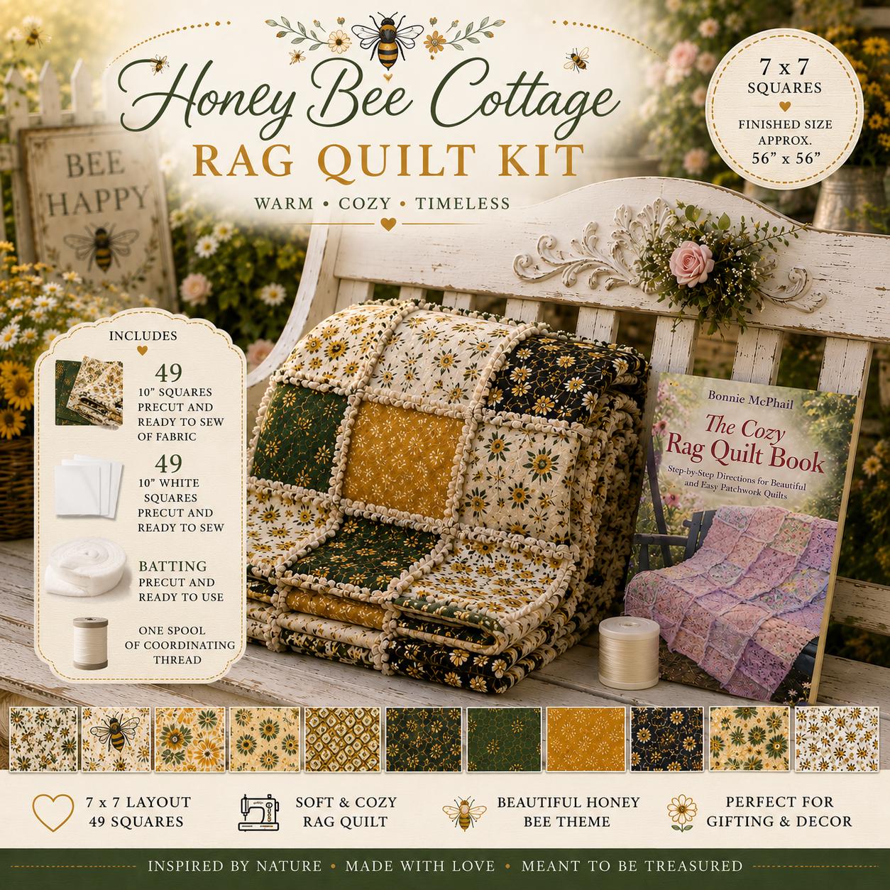 Honey Bee Cottage Rag Quilt Kit  Beginner Rag Quilt Kit  No Cutting Required  Bee & Sunflower Quilt  56x56 Cozy Farmhouse Quilt