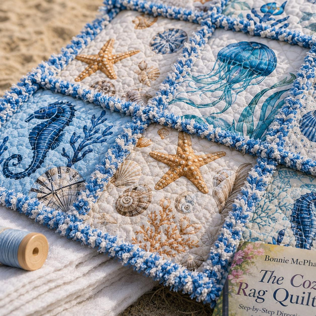 A Day at the Beach Rag Quilt Kit  Beginner Quilt Kit with Precut Fabric, Coastal Ocean Theme, Sea Turtle Quilt, No Cutting Required 56x56