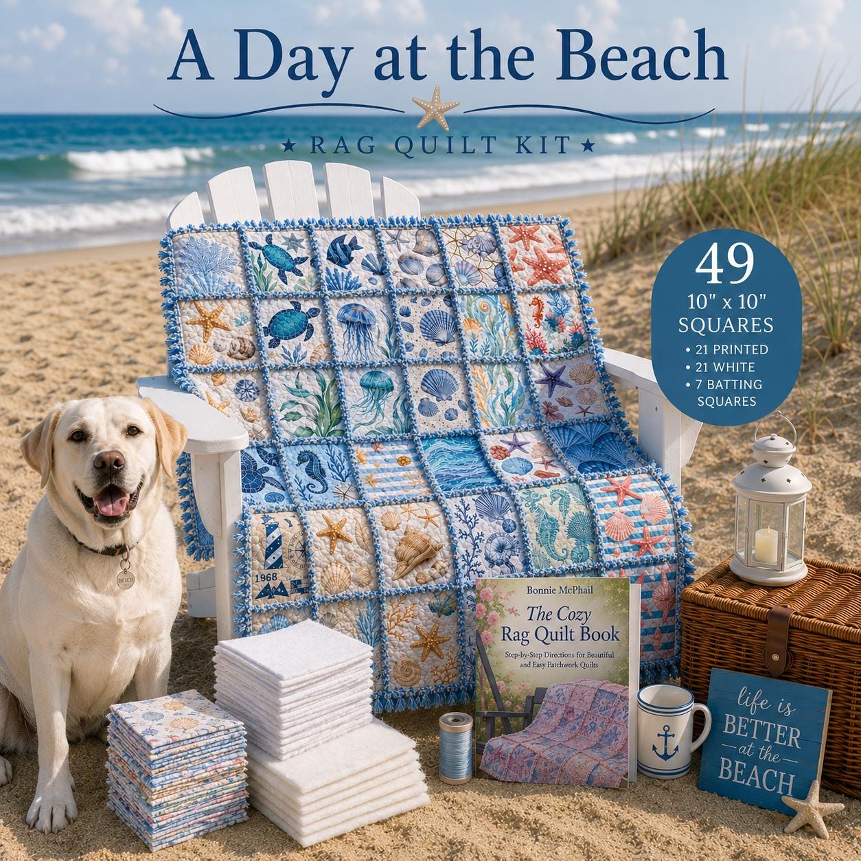 A Day at the Beach Rag Quilt Kit  Beginner Quilt Kit with Precut Fabric, Coastal Ocean Theme, Sea Turtle Quilt, No Cutting Required 56x56