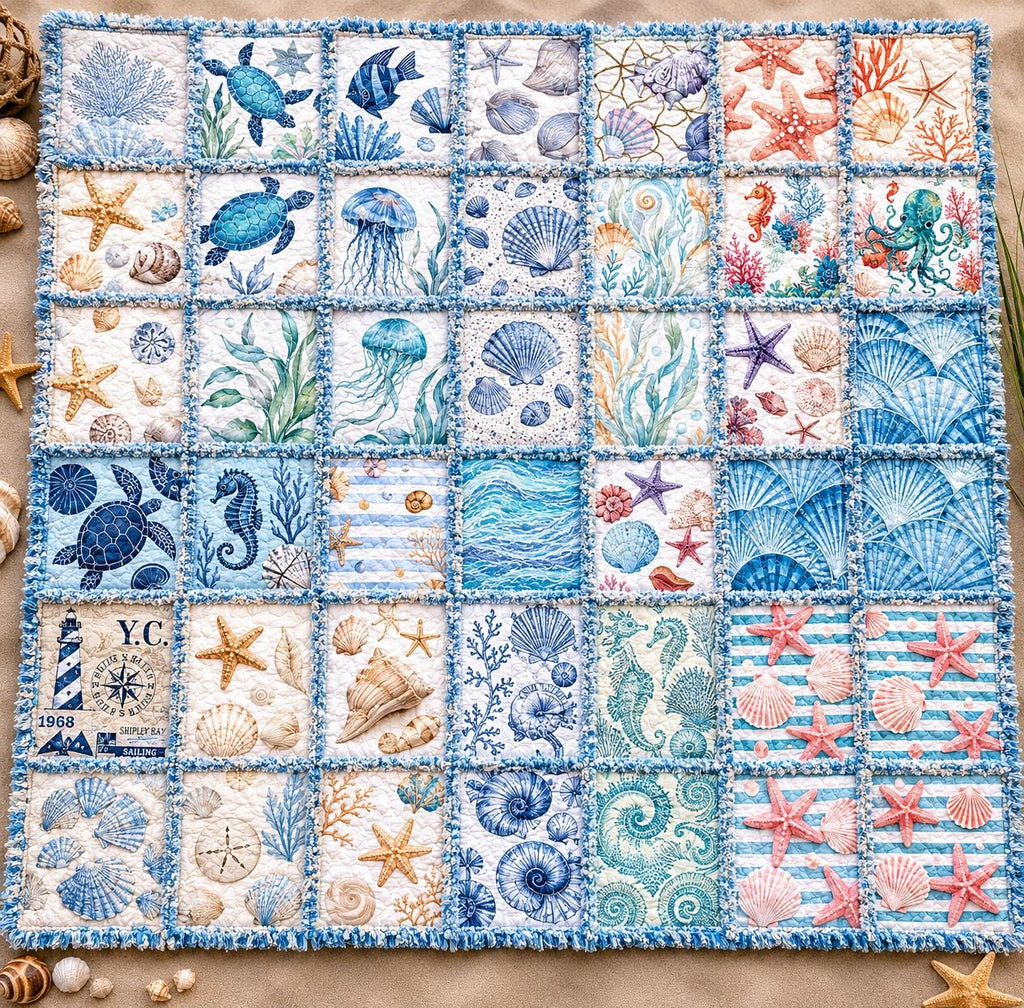 A Day at the Beach Rag Quilt Kit  Beginner Quilt Kit with Precut Fabric, Coastal Ocean Theme, Sea Turtle Quilt, No Cutting Required 56x56