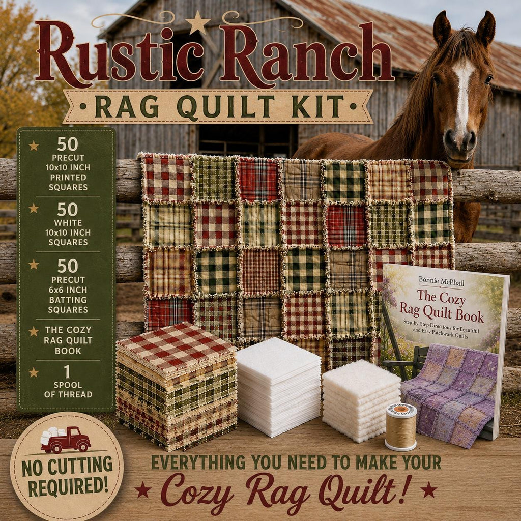 Rustic Ranch Rag Quilt Kit | Beginner Quilt Kit with Book | Horse Lover Gift | No Cutting Required | Farmhouse Rag Quilt | Cozy DIY Quilt