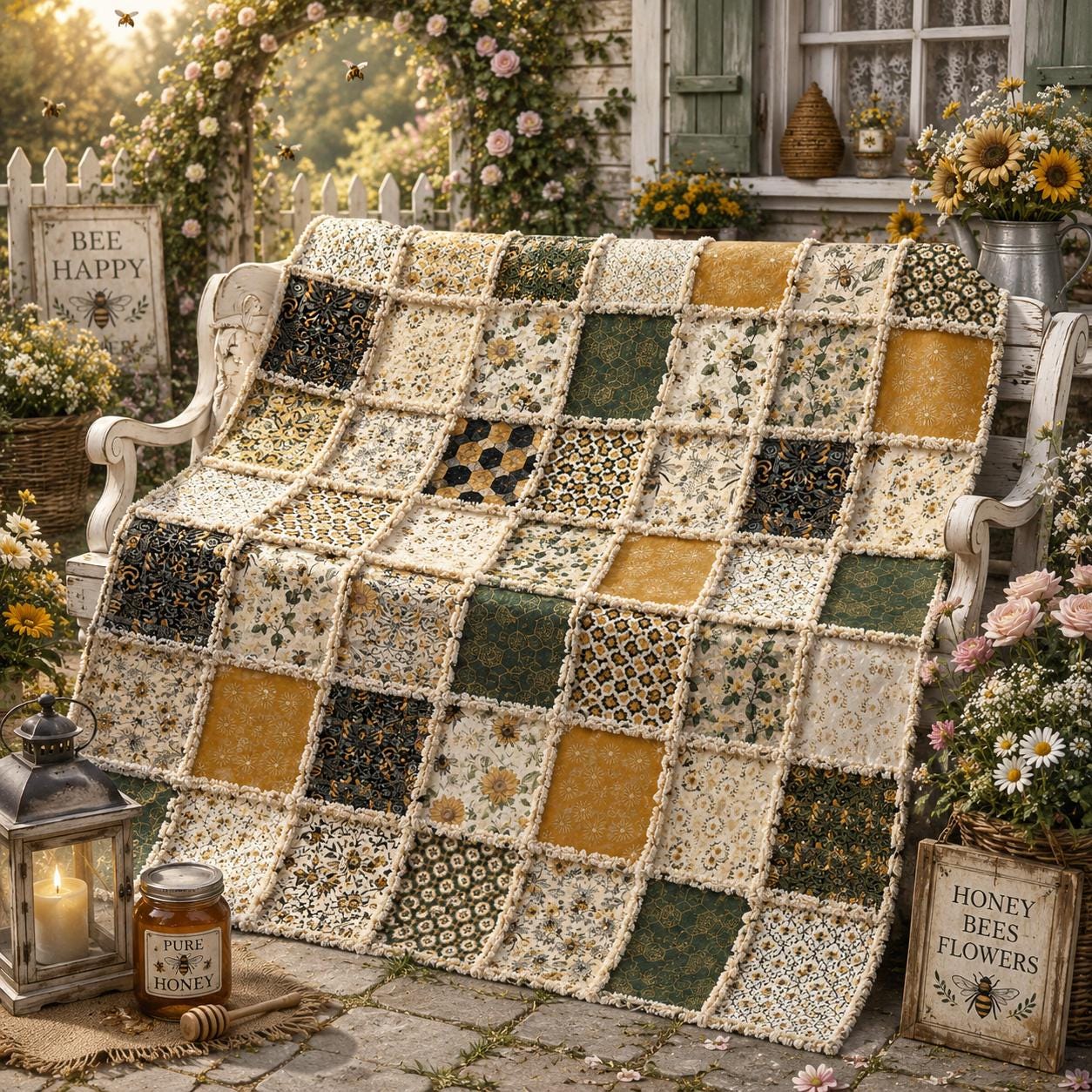 Honey Bee Cottage Rag Quilt Kit  Beginner Rag Quilt Kit  No Cutting Required  Bee & Sunflower Quilt  56x56 Cozy Farmhouse Quilt