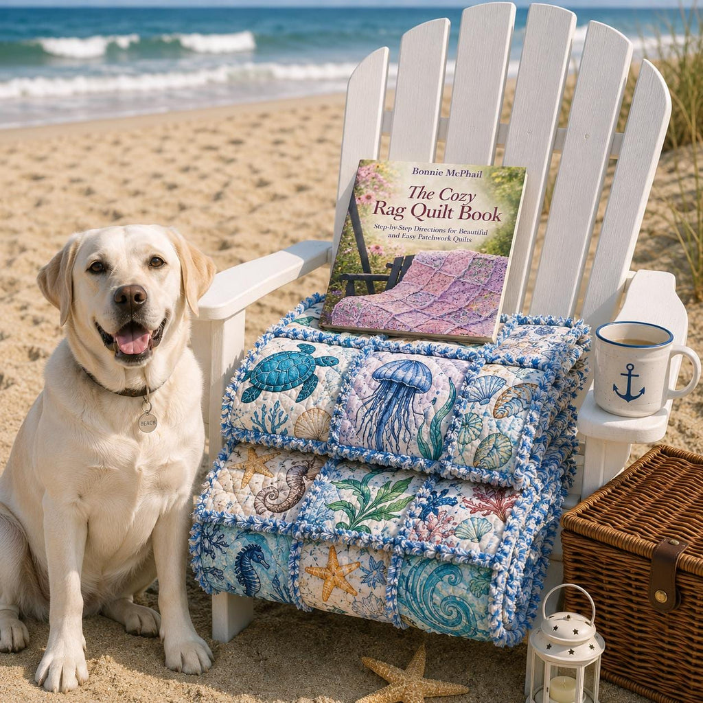 A Day at the Beach Rag Quilt Kit  Beginner Quilt Kit with Precut Fabric, Coastal Ocean Theme, Sea Turtle Quilt, No Cutting Required 56x56