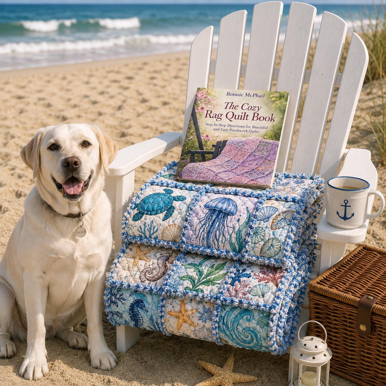 A Day at the Beach Rag Quilt Kit  Beginner Quilt Kit with Precut Fabric, Coastal Ocean Theme, Sea Turtle Quilt, No Cutting Required 56x56
