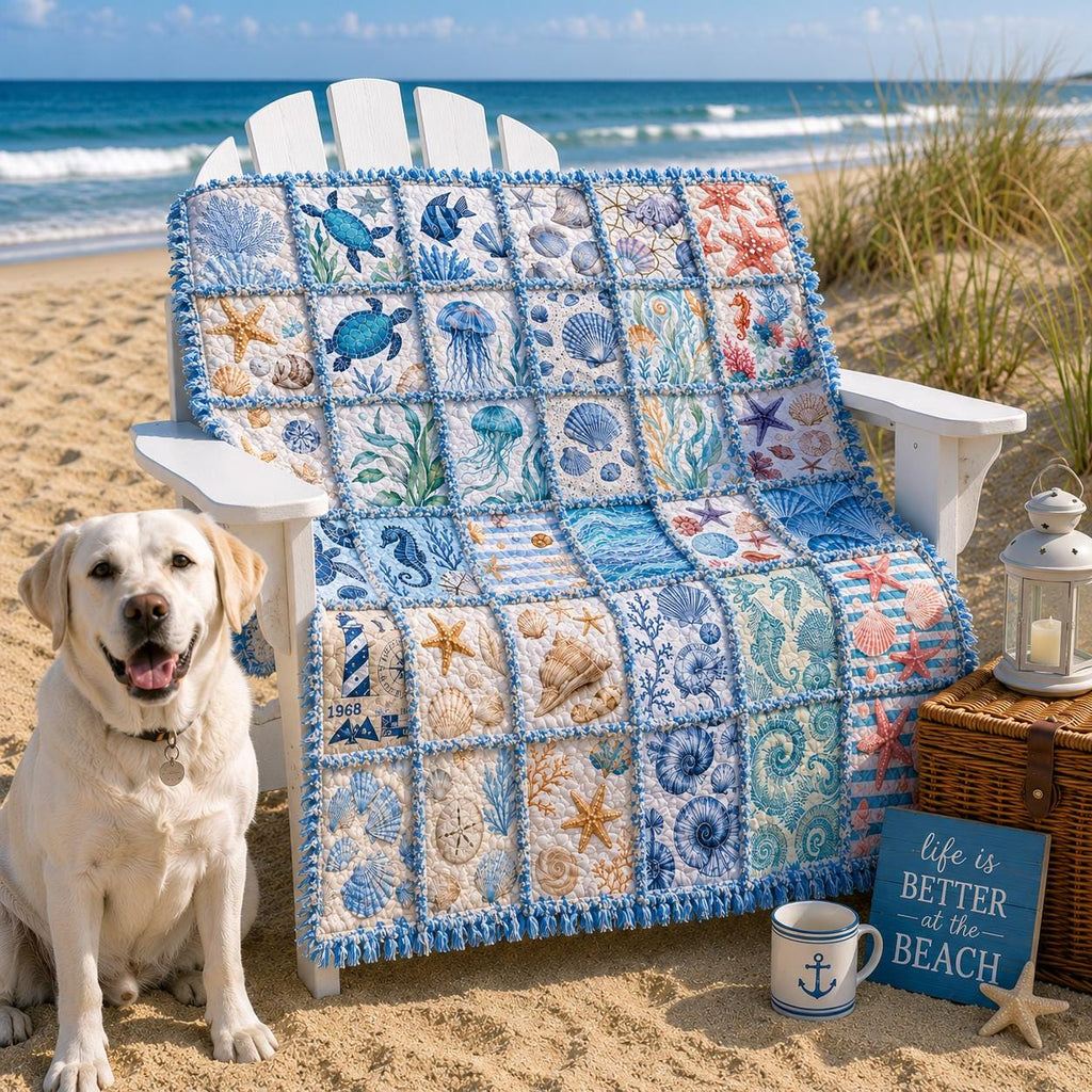 A Day at the Beach Rag Quilt Kit  Beginner Quilt Kit with Precut Fabric, Coastal Ocean Theme, Sea Turtle Quilt, No Cutting Required 56x56