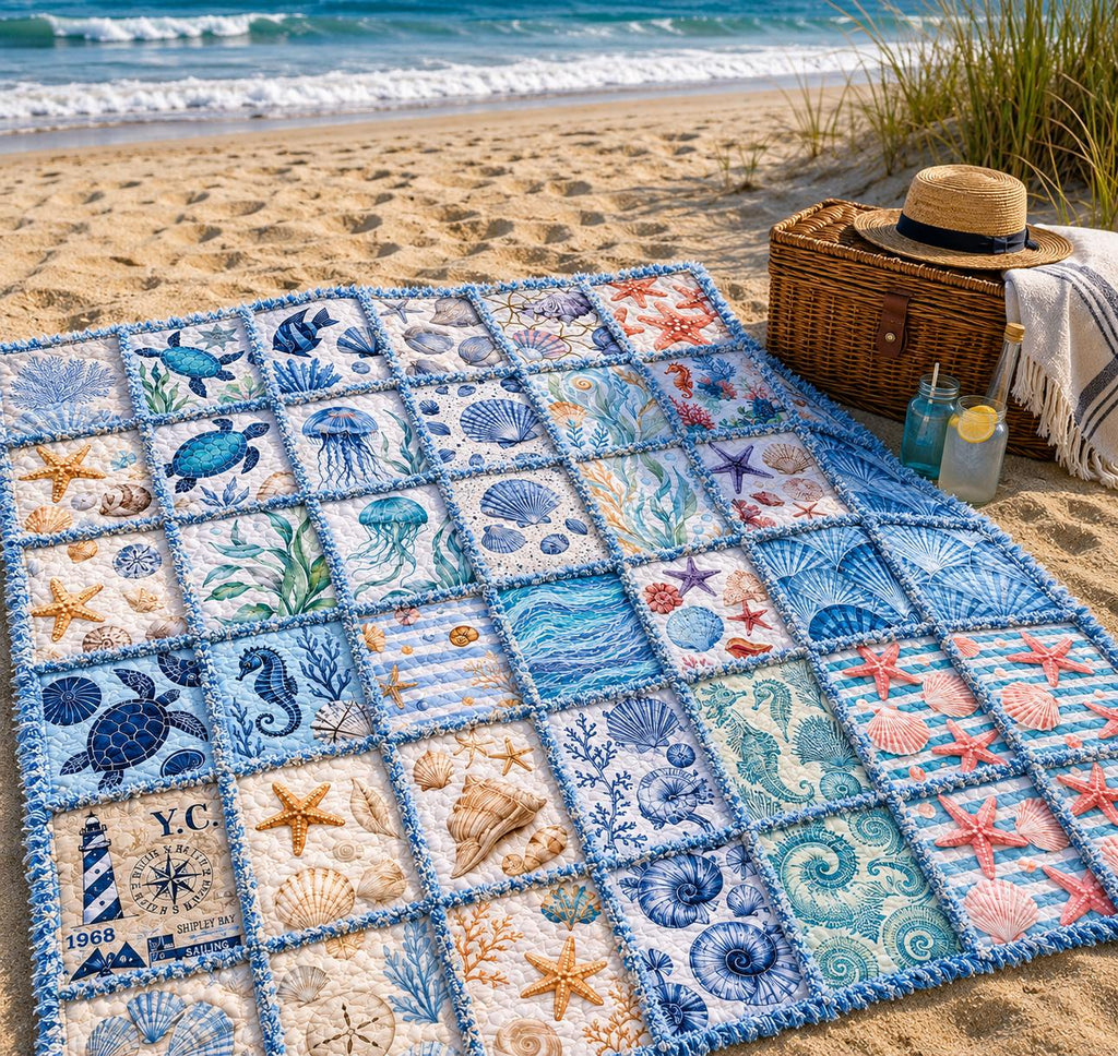 A Day at the Beach Rag Quilt Kit  Beginner Quilt Kit with Precut Fabric, Coastal Ocean Theme, Sea Turtle Quilt, No Cutting Required 56x56