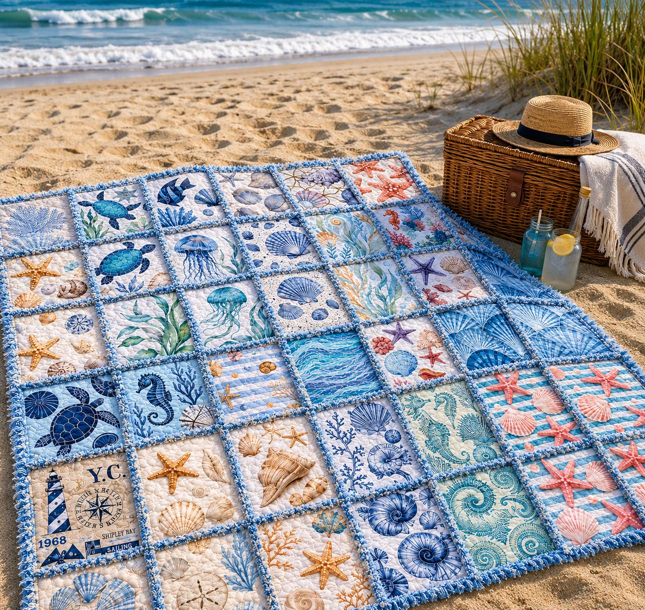 A Day at the Beach Rag Quilt Kit  Beginner Quilt Kit with Precut Fabric, Coastal Ocean Theme, Sea Turtle Quilt, No Cutting Required 56x56